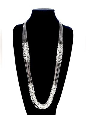 CHICO’s Modern Multi-strand Silver Chain Color-block Long Station Necklace | NEW